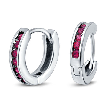 Eternity Huggie Hoop Earrings Channel Round Simulated Ruby CZ 925 Sterling Silver